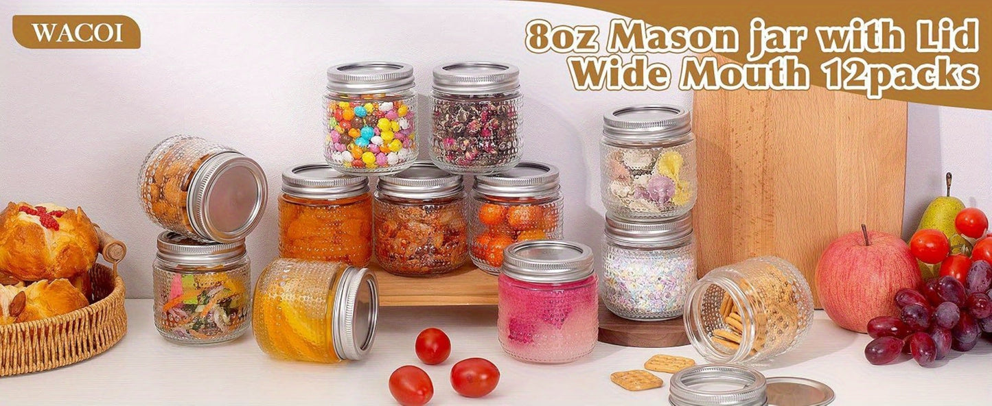 Mason Jars 8oz with Lids 12 Pack, Clear Glass Canning Jars with Silver Metal Lids, Food-Grade for Storing