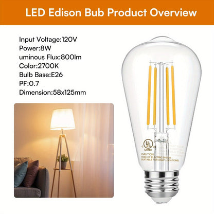 ST58 Vintage Edison LED Filament Bulb 8W 2700K Warm White Dimmable – 60W Equivalent E26 Base Clear Glass Antique Style for Chandelier