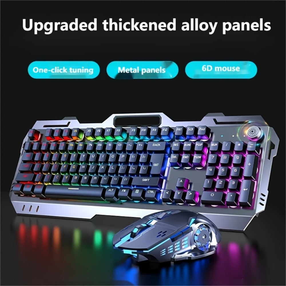 Gaming Keyboard Wired 104 Keys Full Metal Panel – LED Color Backlight, Multimedia Knob, Faux Mechanical Feel, USB