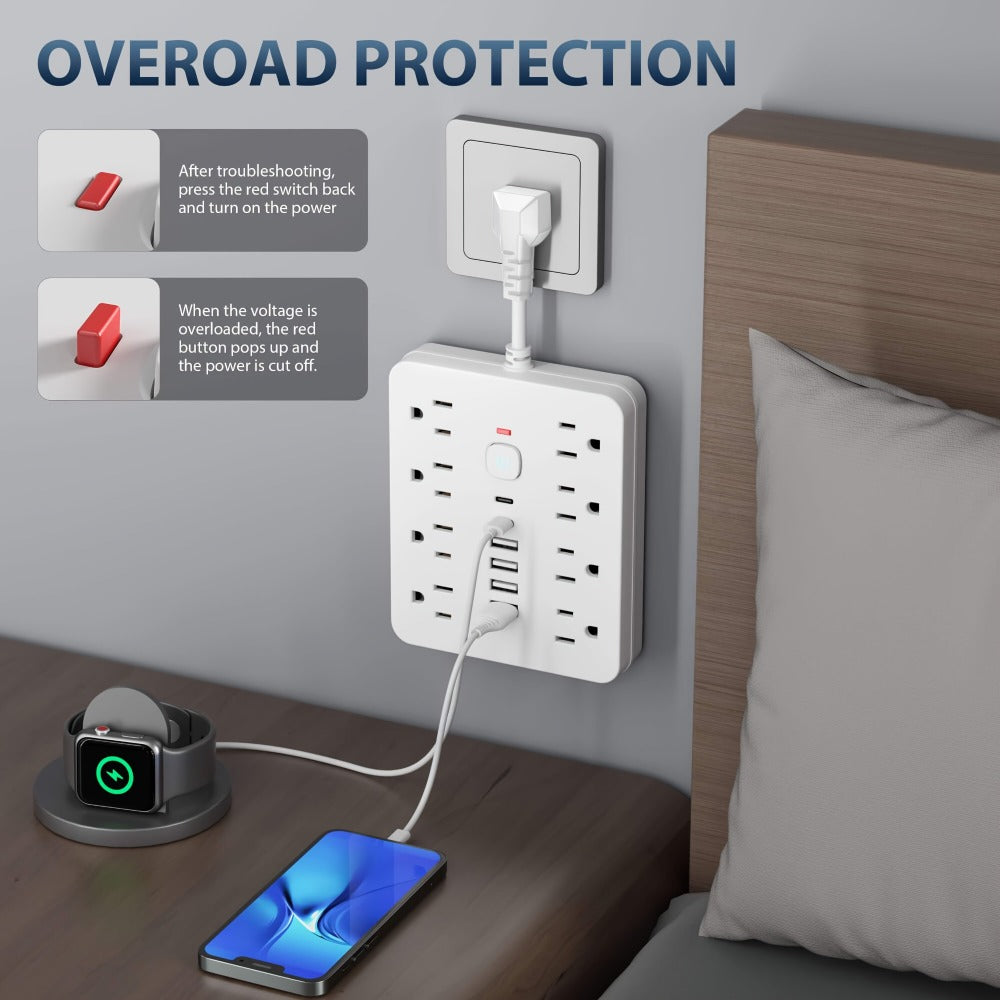 Power Strip 14-in-1 Surge Protector with 8 AC Outlets, 4 USB-A, 2 USB-C and Black or White Finish
