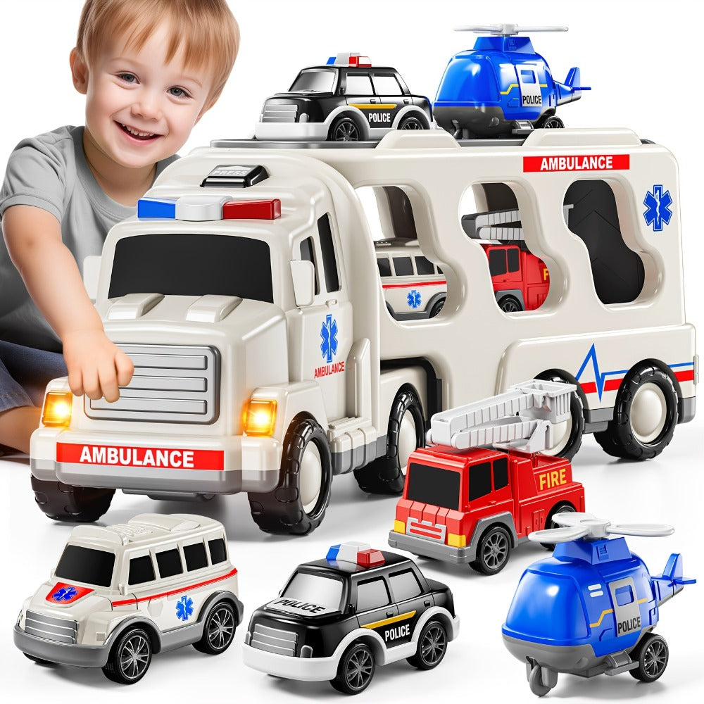 Ambulance Truck Toy 5-in-1 Carrier Set with Lights & Sounds, Friction Power Emergency Vehicle Playset for Kids Boys Ages 3+
