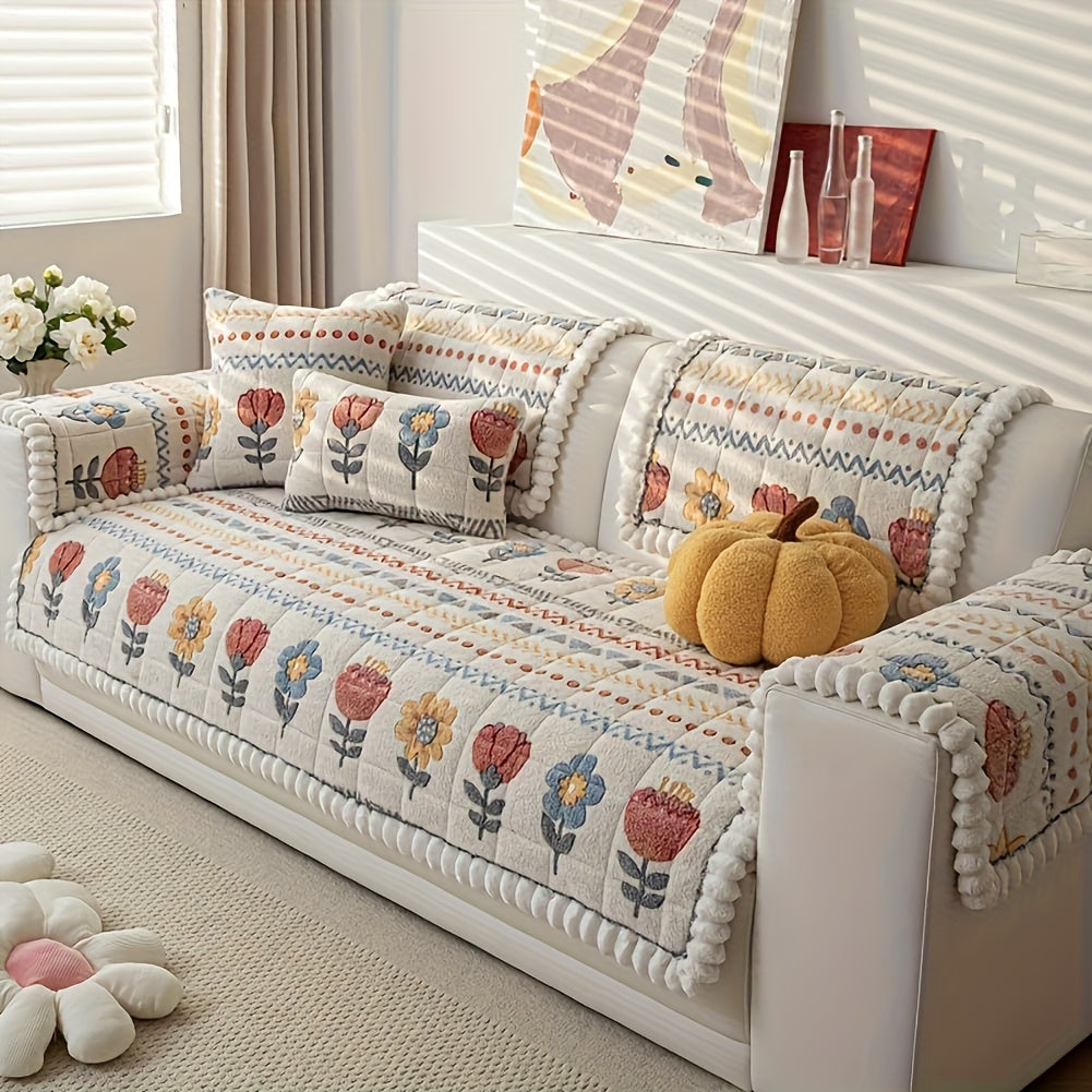 Sofa Cover Thick Milk Fleece Floral Quilted Panels with Ruffled Edge for 2, 3 or 4-Seater Sofas