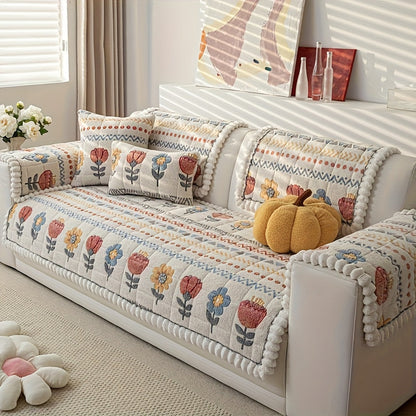 Sofa Cover Thick Milk Fleece Floral Quilted Panels with Ruffled Edge for 2, 3 or 4-Seater Sofas