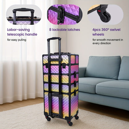 Rolling Makeup Train Case 4-in-1 Large Portable Cosmetic Trolley with 360 Degree Swivel Wheels Beauty Sponge Included Professional Salon