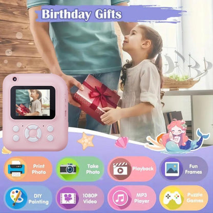 Kids Instant Print Camera 3-in-1 with MP3 & Games, 10x Zoom, 2.4" HD Screen, 32GB Card, Prints Photos in 1 Second