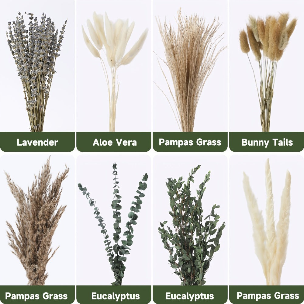 Boho Pampas Grass Dried Flower Arrangement, Lavender Eucalyptus Bouquet with Gemstone Accents for Home Decor