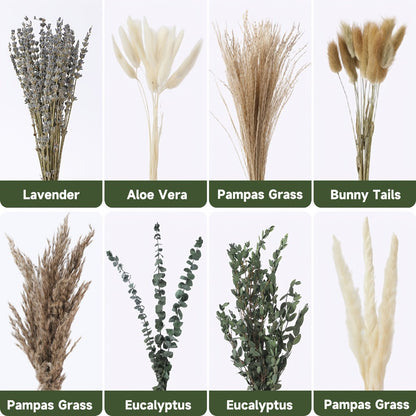 Boho Pampas Grass Dried Flower Arrangement, Lavender Eucalyptus Bouquet with Gemstone Accents for Home Decor