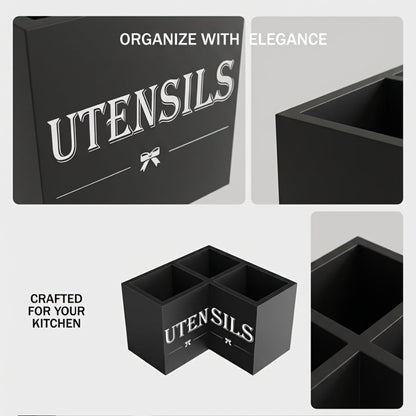 Utensil Caddy Kitchen Organizer 3-Compartment Solid Wood Countertop Holder in Black Farmhouse Style
