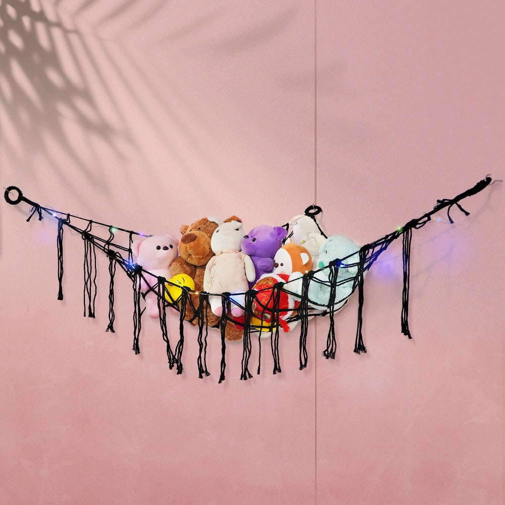 Stuffed Animal Storage Hammock with Lights Corner Hanging Toy Net Organizer for Nursery for Entryways, Bedrooms and Living Spaces