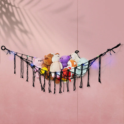 Stuffed Animal Storage Hammock with Lights Corner Hanging Toy Net Organizer for Nursery for Entryways, Bedrooms and Living Spaces