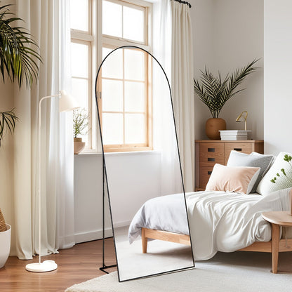 Full Length Mirror Floor Standing, Arched & Rect Body Mirror with Stand, Hanging or Leaning Wall Mirror, Aluminum Alloy Thin Frame