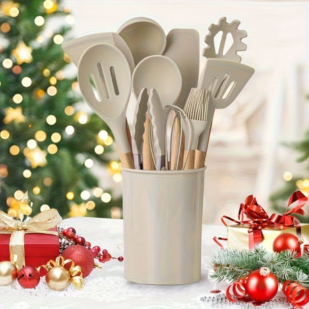 13-Piece Silicone Kitchen Utensil Set with Wooden Handles, Storage Holder and Khaki or Dark Gray Colors