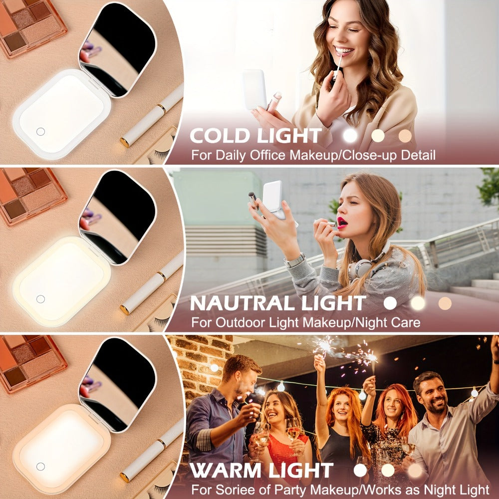 10X LED Lighted Compact Mirror USB Rechargeable 1X 10X Magnification Dimmable 3-Color Touch Screen – Double Sided Portable Travel Pocket