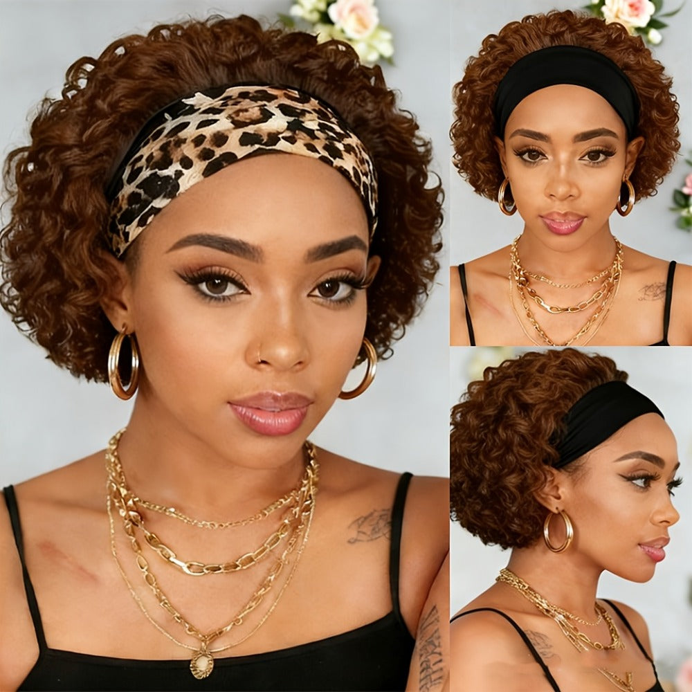 Kinky Curly Headband Wig Human Hair Brazilian 150% Density Glueless 6 Inch | No Glue No Gel Black Burgundy Rust | Beginner Friendly Daily