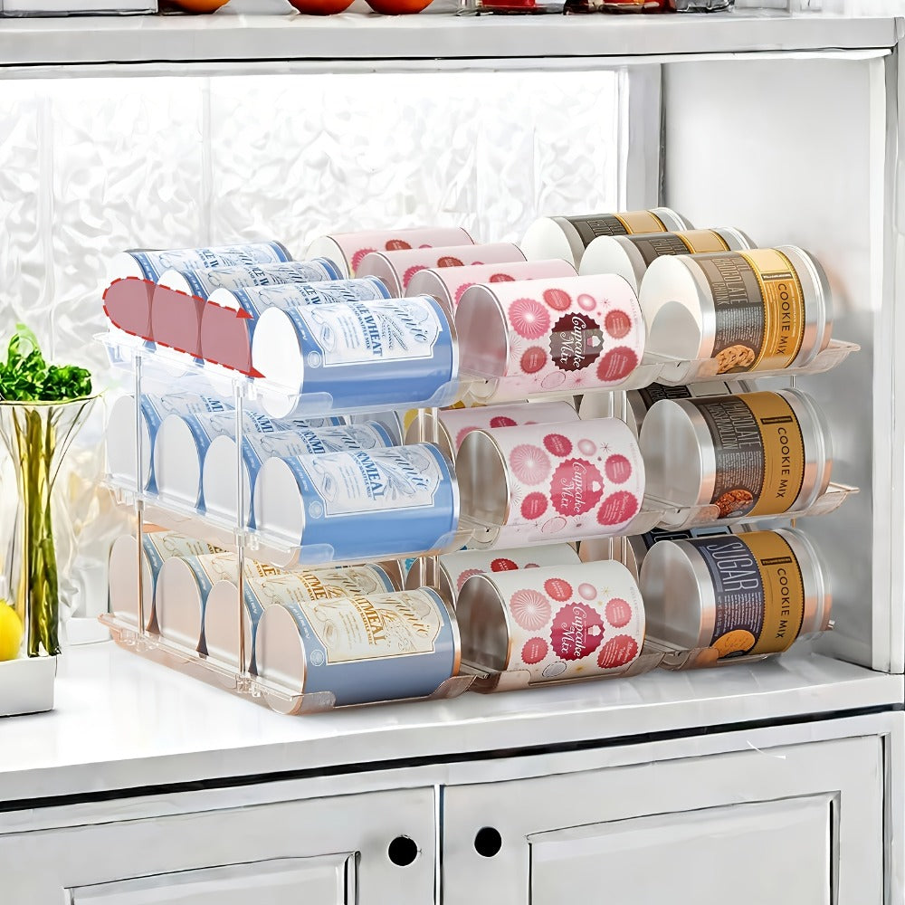 Can Storage Organizer 36-Can 3-Tier Auto-Rolling PET Rack with Assembly Detail for Pantry Use