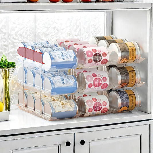 Can Storage Organizer 36-Can 3-Tier Auto-Rolling PET Rack with Assembly Detail for Pantry Use