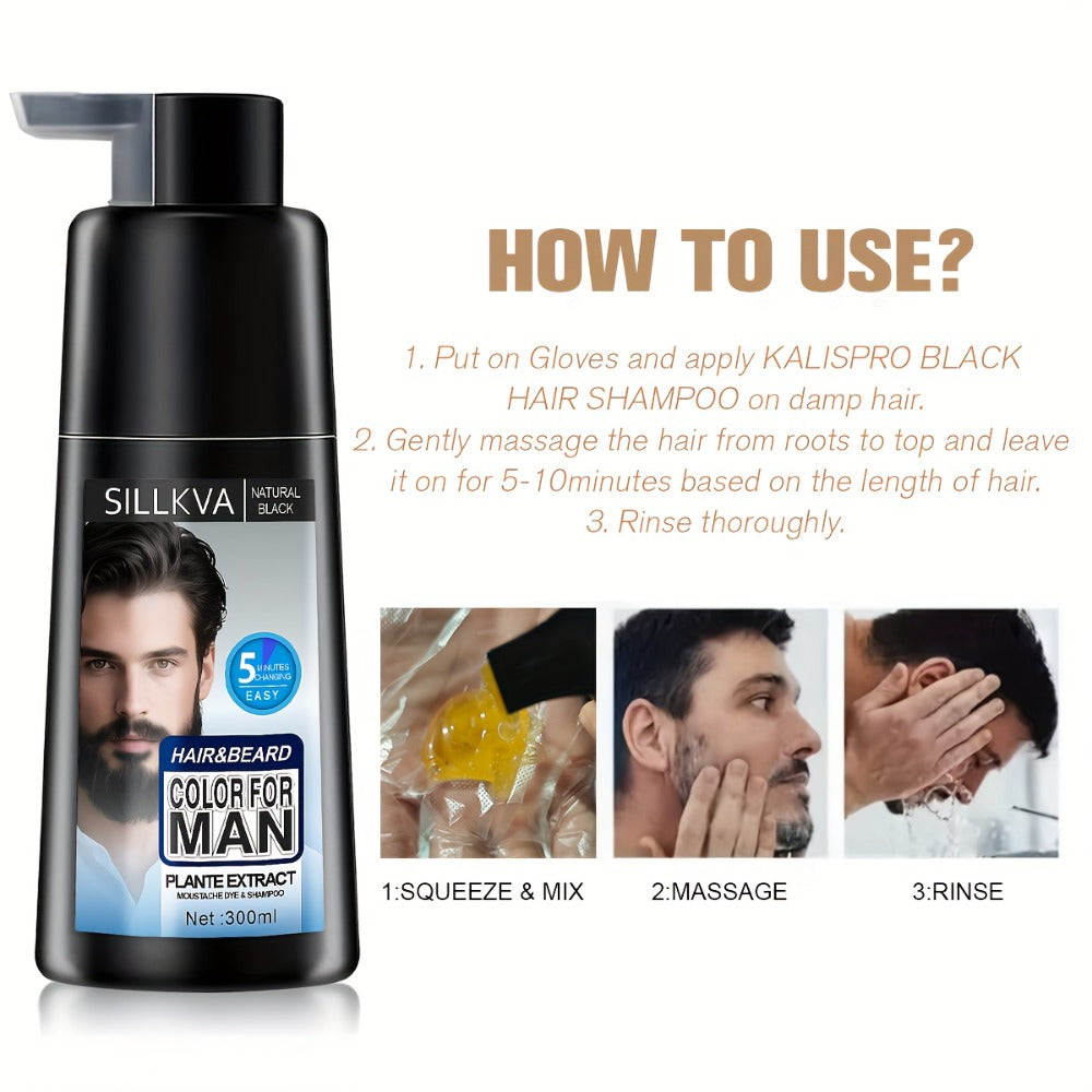 Men's 3-in-1 Black Hair & Beard Dye Shampoo, 8-Minute Gray Coverage, Ammonia-Free Natural Color