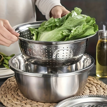 Stainless Steel Kitchen Tool Set 3pcs, Built-In Grinder, Colander Filter & Mixing Bowl for Washing