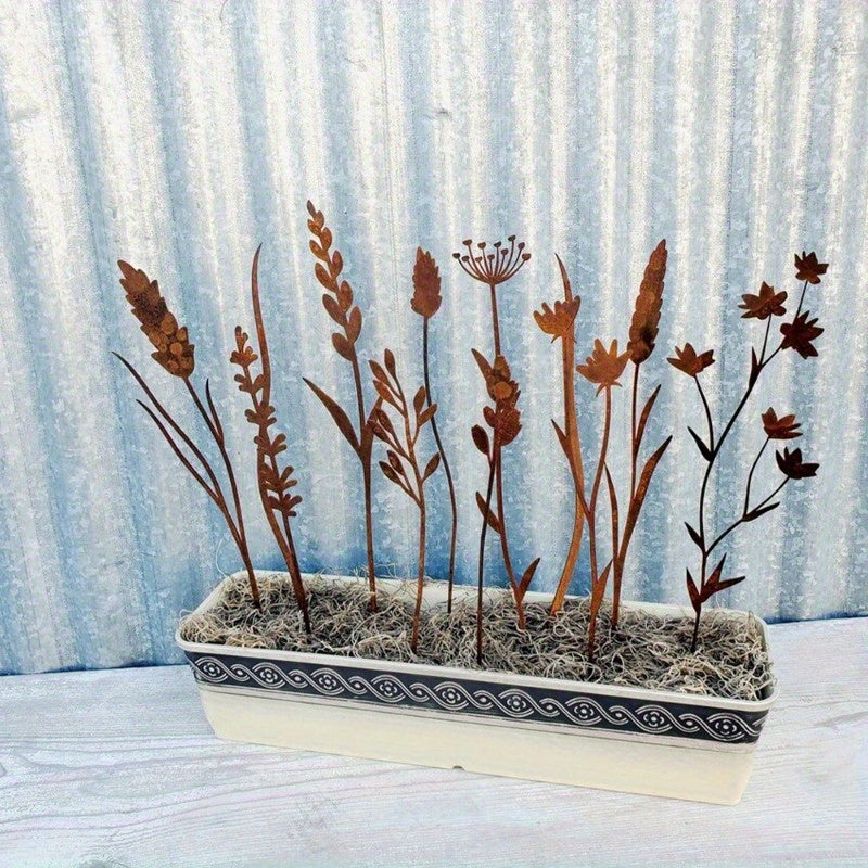 Rustic Metal Wildflower Stems, 12-Piece 30 cm Botanical Set for Vases, Planters and Garden Beds