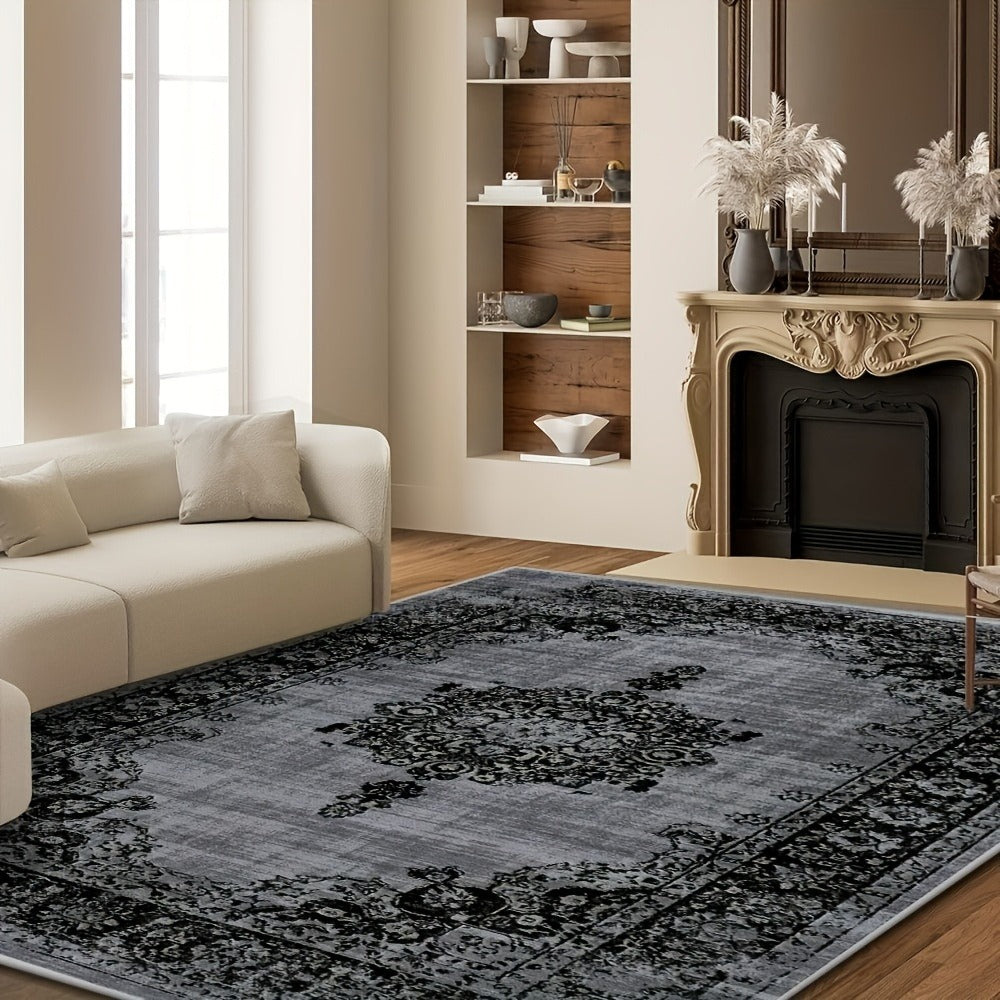 Area Rug Velvet Bohemian Floral Geometric Low-Pile Design in Six Machine-Washable Room Sizes