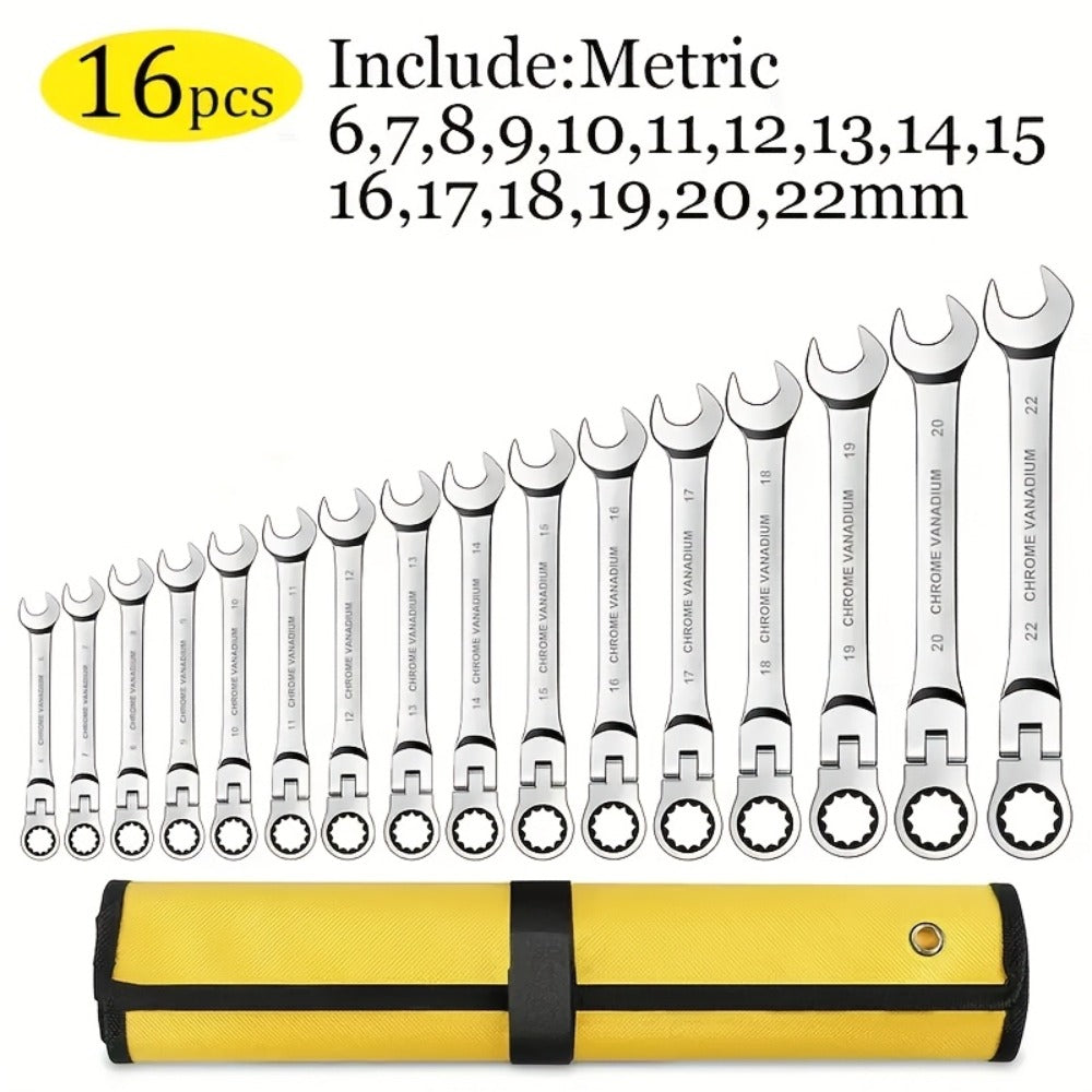Ratcheting Wrench Set 16pcs Flex Head 180°, Metric 6-22mm CR-V Steel Combination Wrench Kit with 72-Tooth Ratchet & Organizer Bag