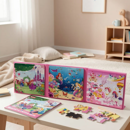 Magnetic Puzzle Book for Girls 3 4 5 6, 3-in-1 Unicorn Mermaid Princess Travel Puzzles, 20 Pieces Folding Magnetic Jigsaw for Toddlers