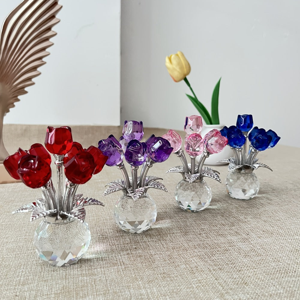 Glass Rose Sculpture Floral Home Decor – Sparkling Leaves Art Figurine for Bedroom, Living Room, Valentine's Day Gift