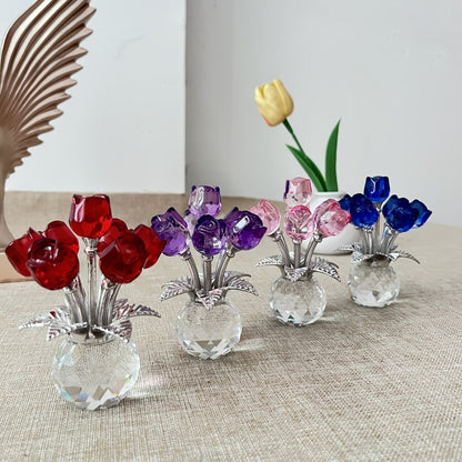 Glass Rose Sculpture Floral Home Decor – Sparkling Leaves Art Figurine for Bedroom, Living Room, Valentine's Day Gift