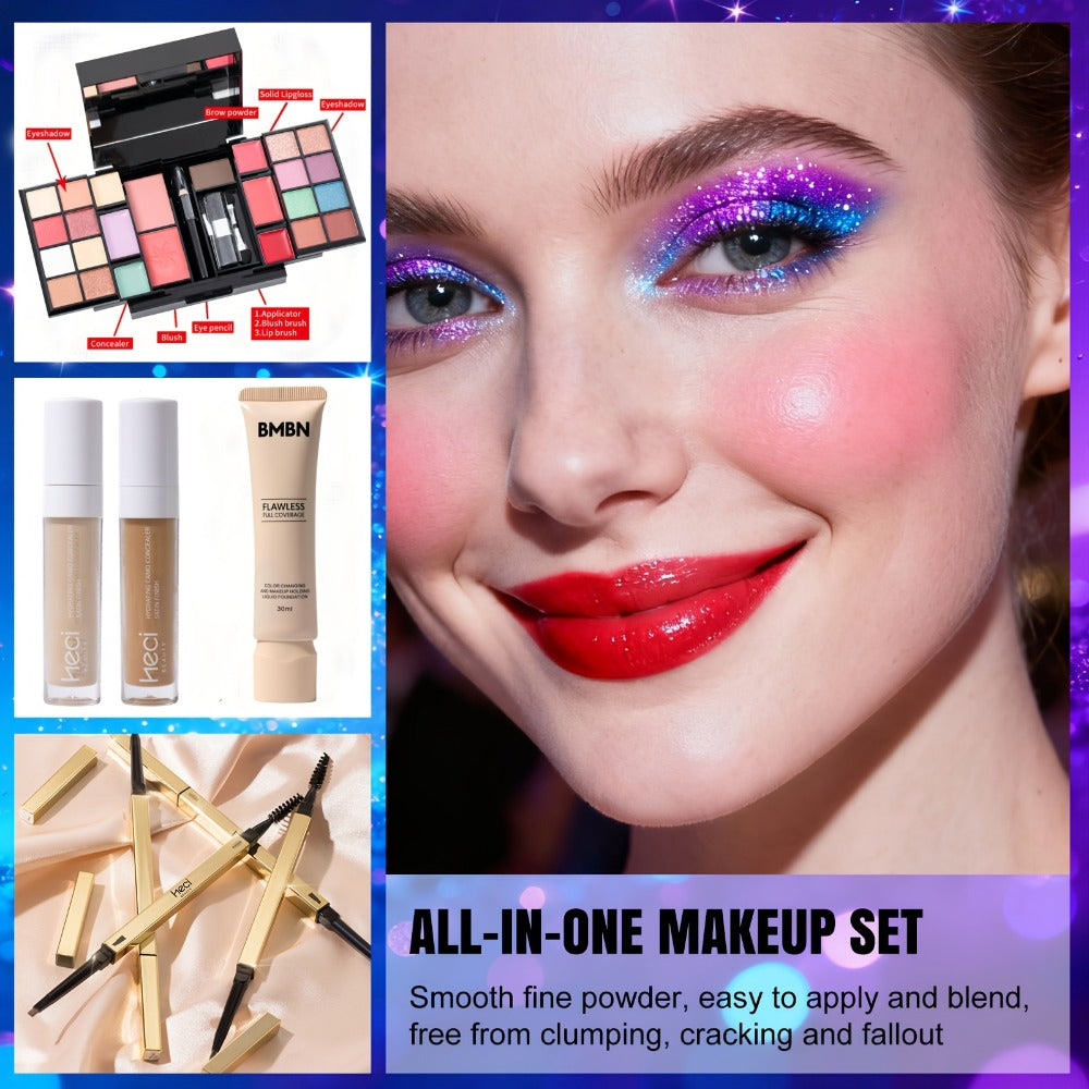 Portable Makeup Case Set with Fold-Out Color Palettes, Brush Collection and Silver or Leopard-Print Case Options