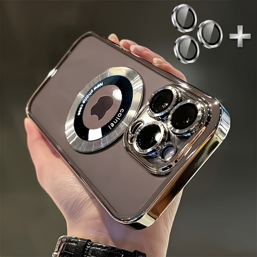 Phone Case Electroplated Clear Back with Built-In Lens Film and Magnetic Qi Charging for Select iPhones