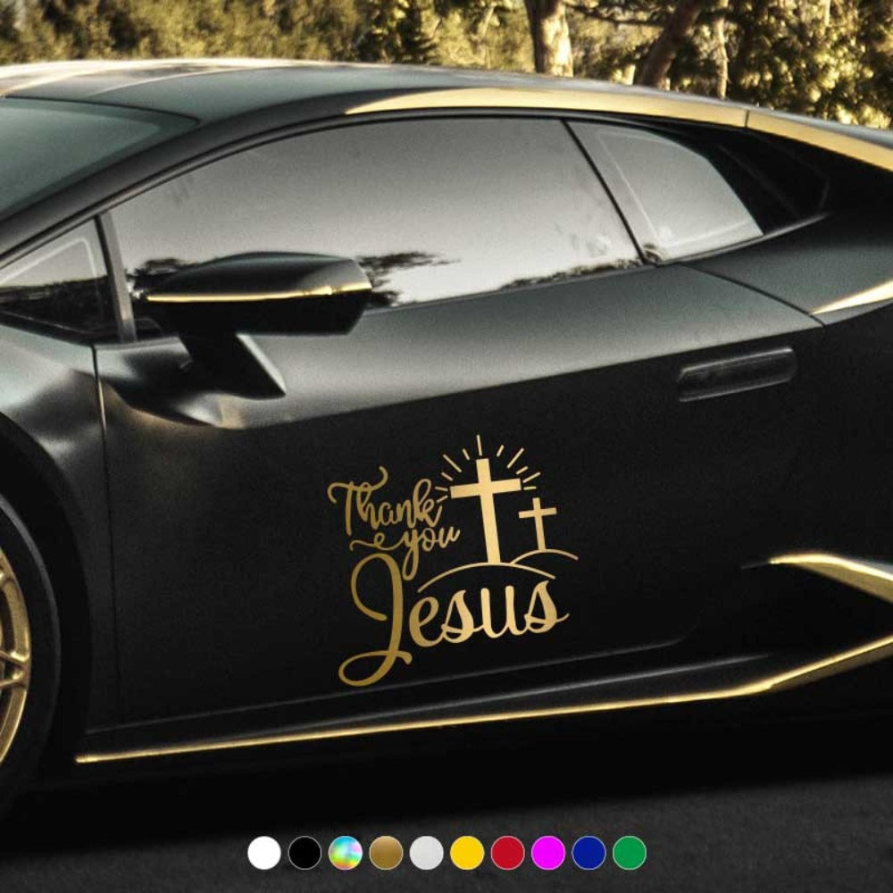 Thank You Jesus Cross Vinyl Decal Set, Four-Piece Design in Seven Colors for Vehicle Windows and Body Panels