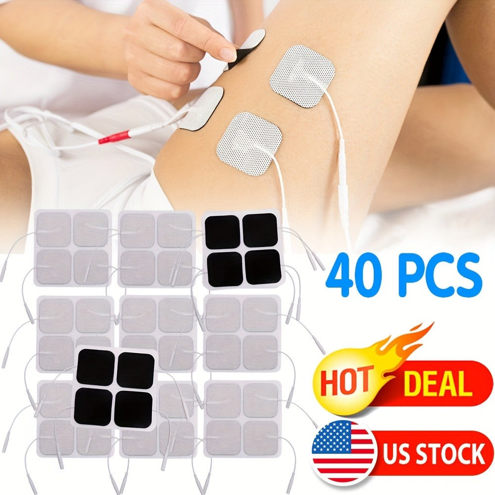 TENS EMS Electrode Pads 40-Pack, 2x2 Inch Reusable Self-Adhesive Replacement Electrode Patches with 2.0mm Pin Connector