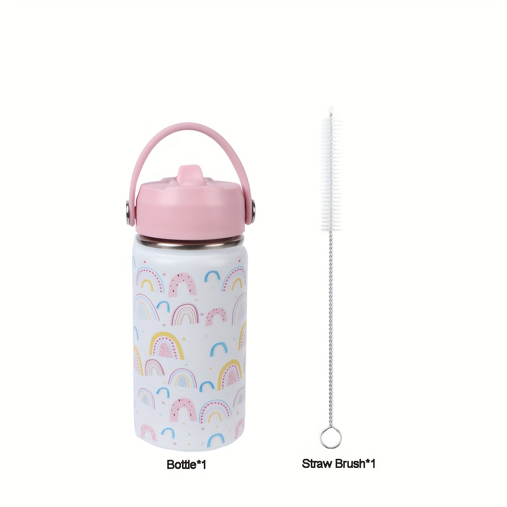 Insulated Stainless Steel Water Cup with Straw | 12oz 340ml, 3D Cartoon Pattern, Double Wall, Handle & Straw Brush – Travel