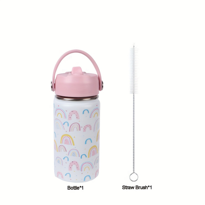 Insulated Stainless Steel Water Cup with Straw | 12oz 340ml, 3D Cartoon Pattern, Double Wall, Handle & Straw Brush – Travel