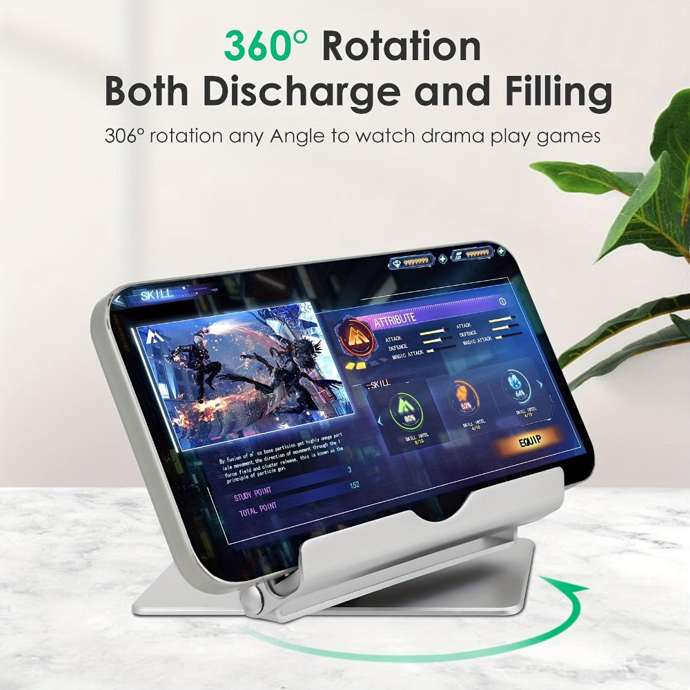 Silvery 360-Degree Rotating Wireless Charging Stand with Micro-USB and USB-C Input Port Design