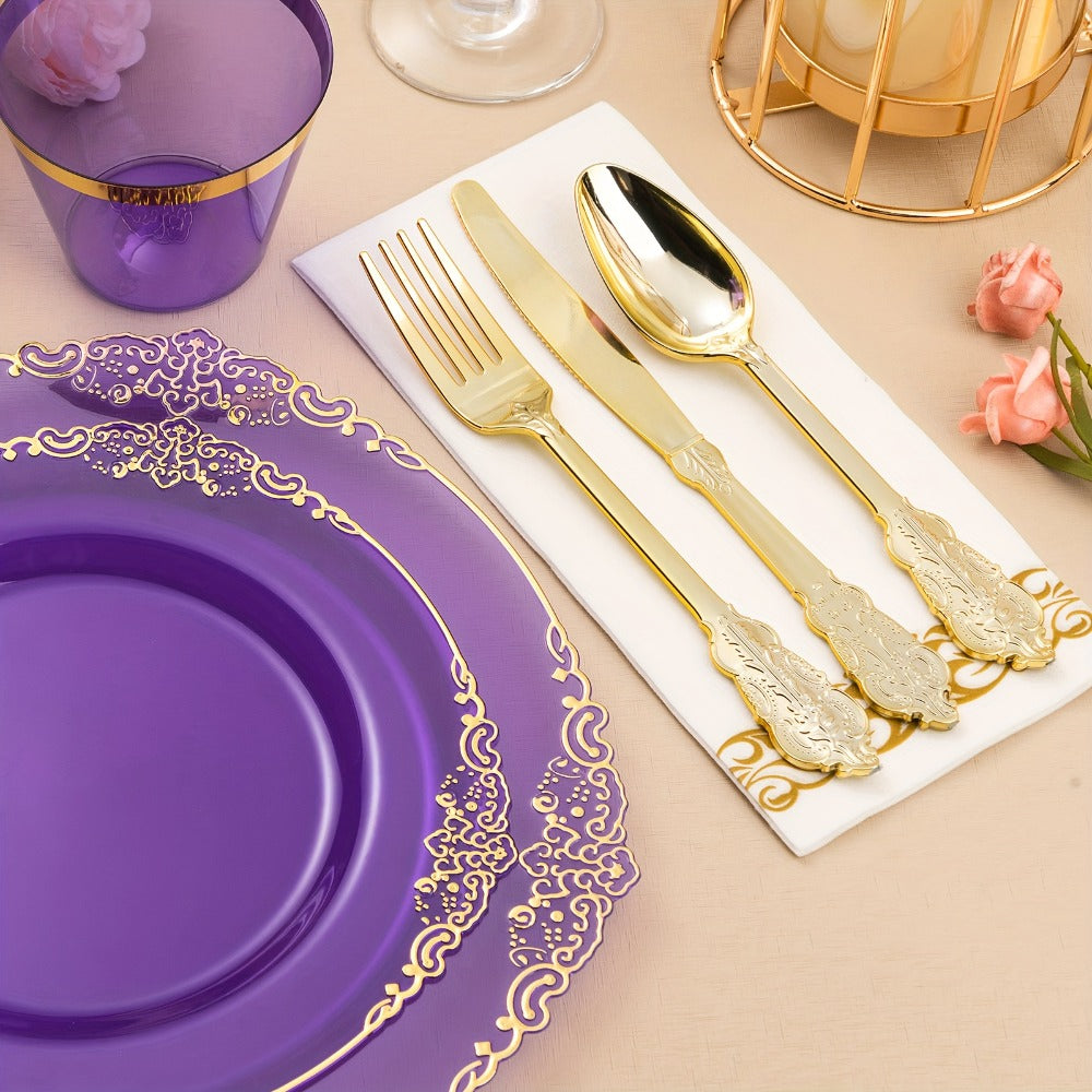 Disposable Party Plates Set 175 Pieces for 25 Guests Clear Plastic Plates with Gold Trim for Entryways, Bedrooms and Living Spaces