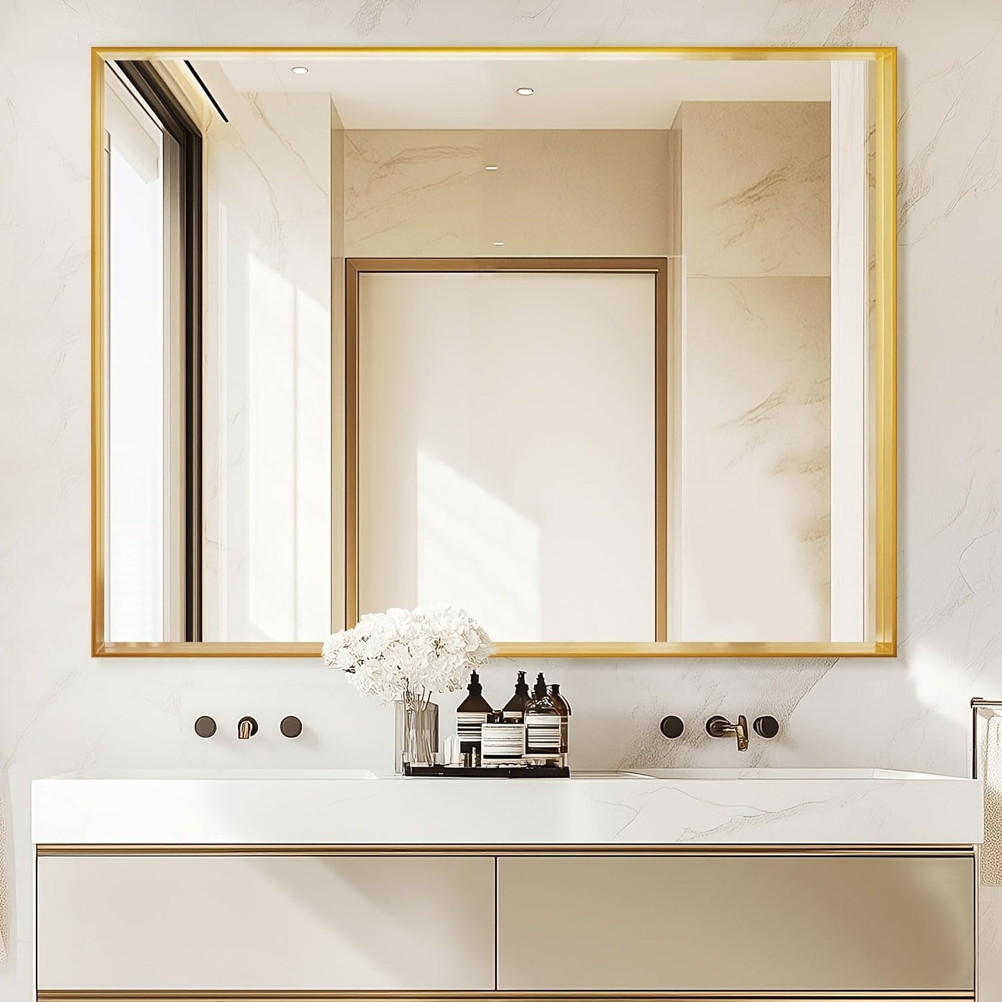 Rectangular Metal-Frame Bathroom Mirror in Black, Gold or Silver with Six Sizes and Dual Orientation