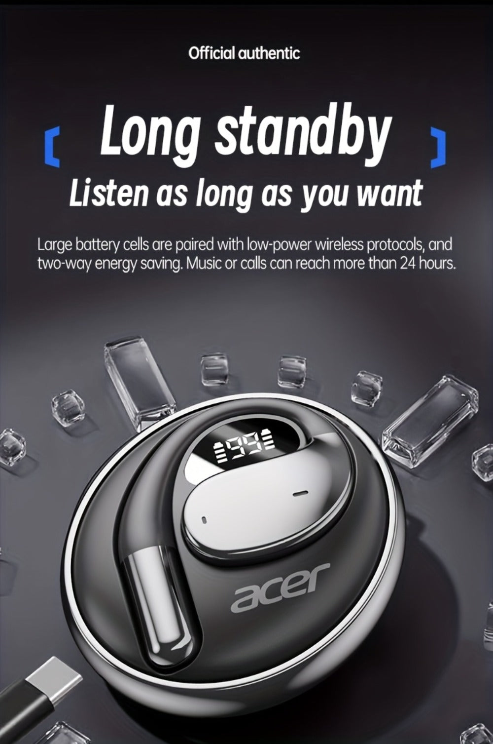Acer TWS In-Ear Earbuds Noise Canceling Touch Control Sports Wireless Headphones Long for Bedside Audio, Alarms and Room Entertainment