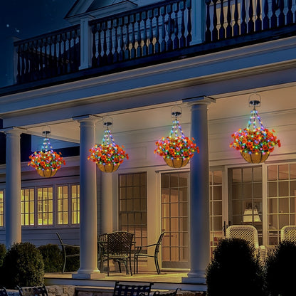 Solar Hanging Flower Basket with RGB String Lights, 10 Inch Artificial Flowers, Dusk-to-Dawn Auto On