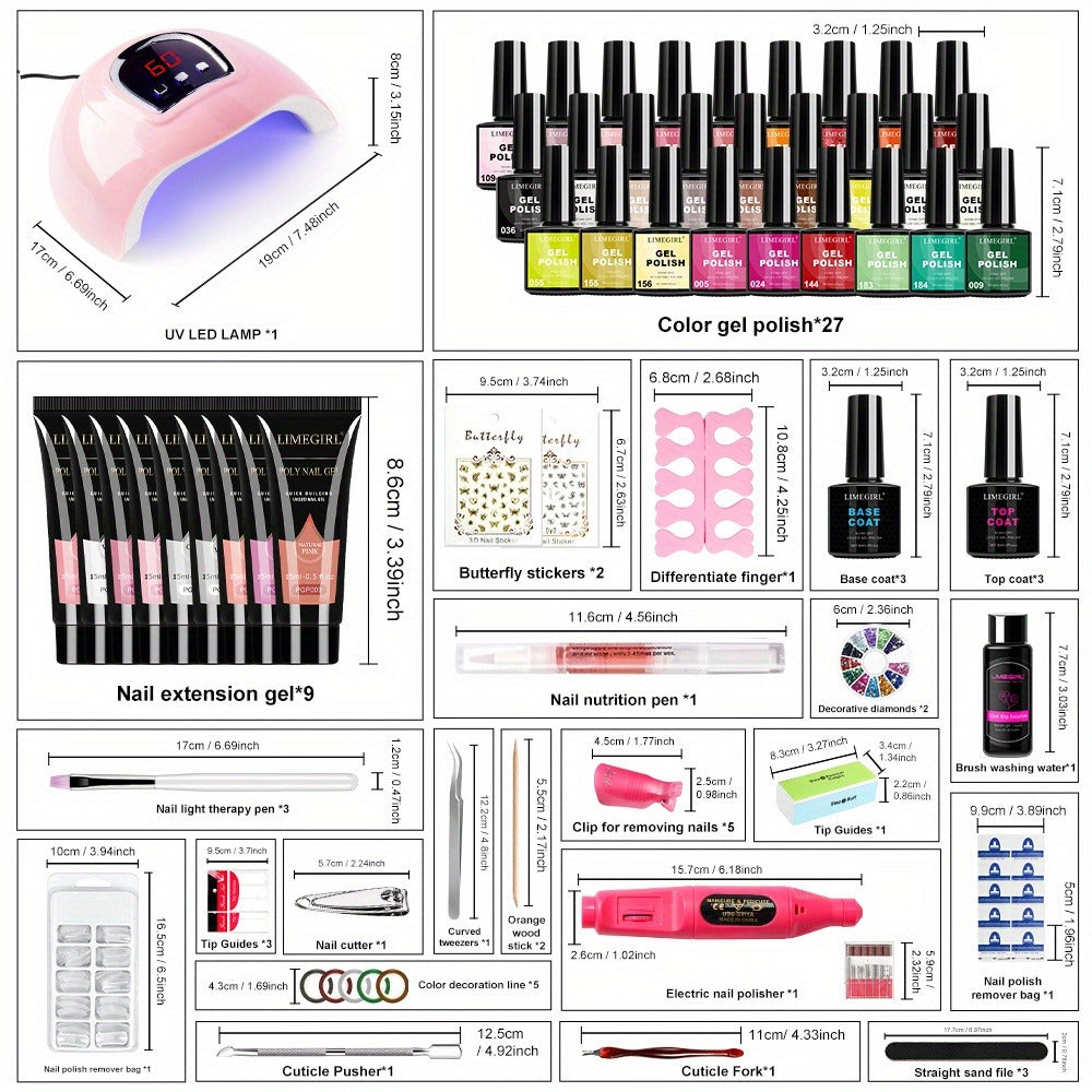 36-Color Polygel Nail Extension Kit with LED UV Lamp, Complete Poly Gel Starter Set with Dual Forms, Slip