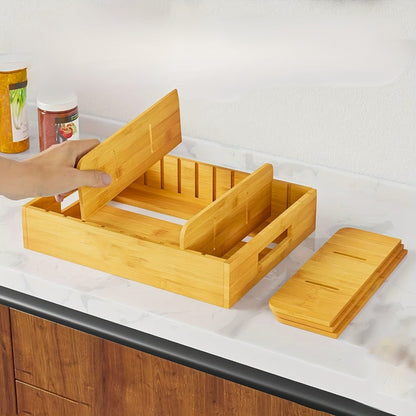 Bamboo Lid Organizer for Kitchen Cabinet with 5 Adjustable Dividers – Tupperware Lid Holder for Food Container Lids