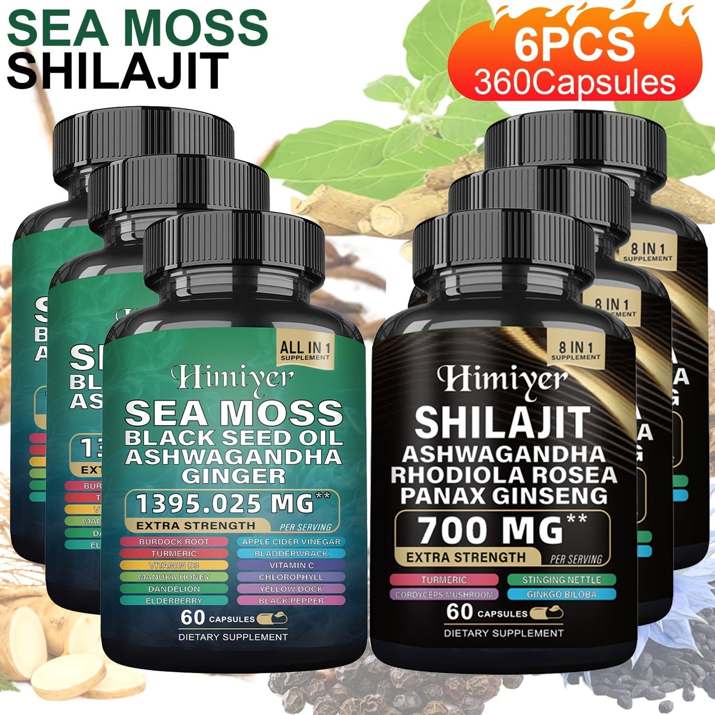 Sea Moss and Shilajit Capsule Supplements in 60-Count Bottles with One- to Six-Bottle Options