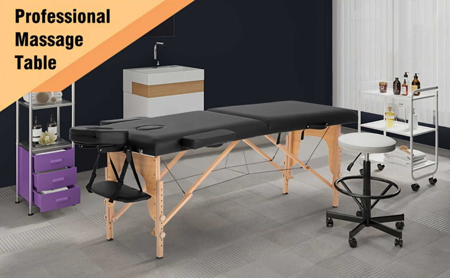 2-Fold Portable Massage Table with Face Cradle & Carrying Bag, Adjustable Height PU Leather Lash Bed