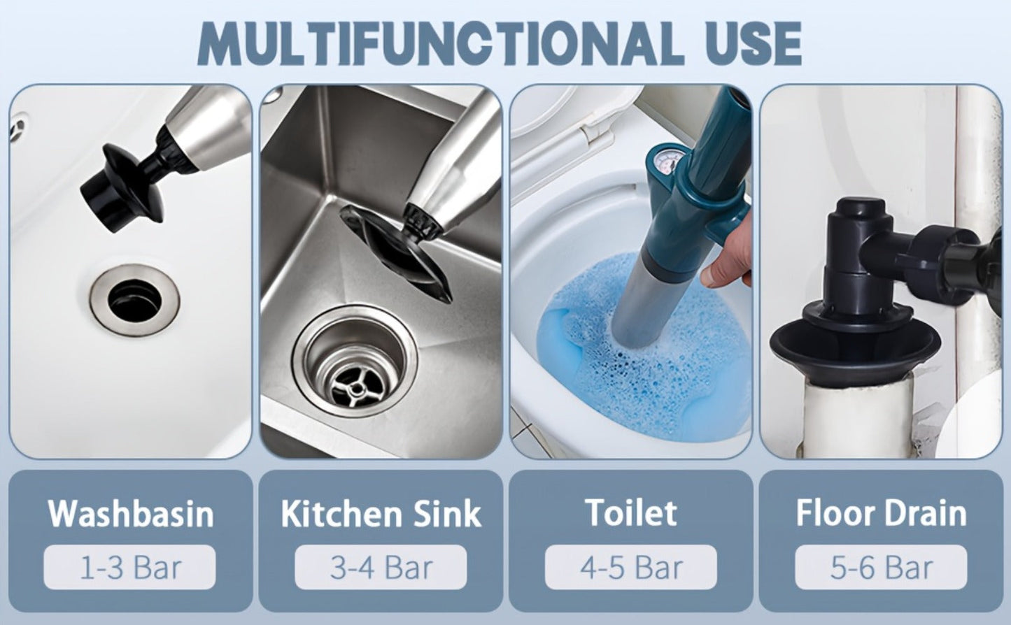 Toilet Plunger Set High Pressure Air Drain Unclogger - Stainless Steel Toilet Snake & Air Discharge Impactor for Clogged Toilet