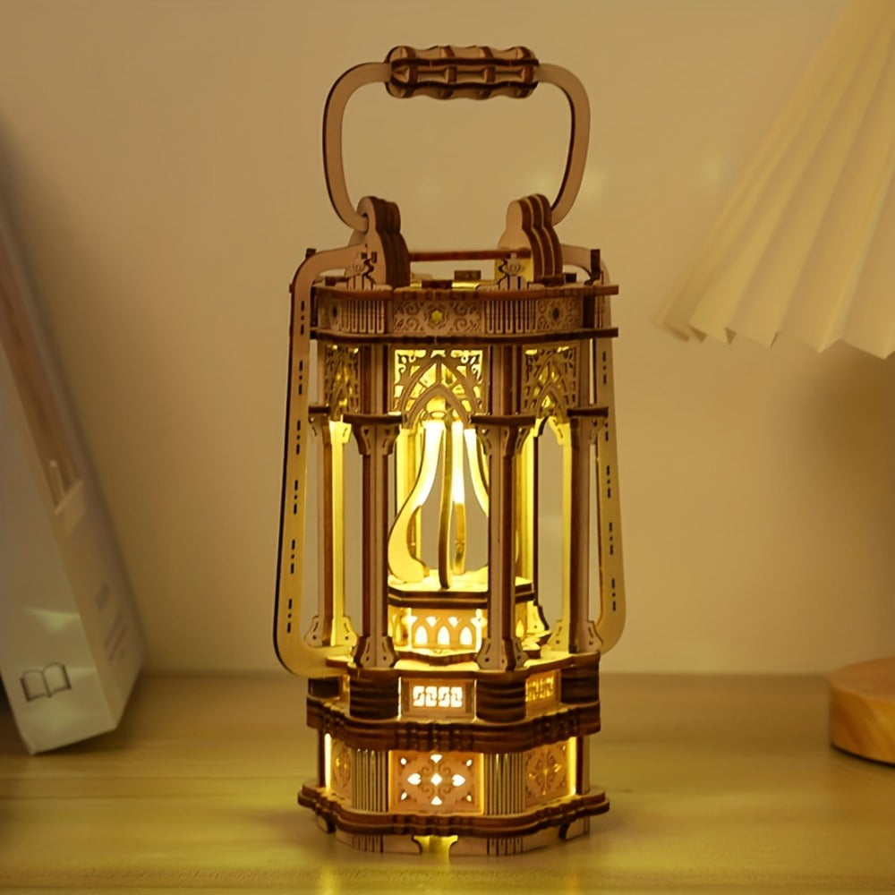LED Wooden Lantern Model Kit, Rotating Mechanical 3D Wooden Puzzle for Adults & Teens, Glowing Vintage Desk Decor Display