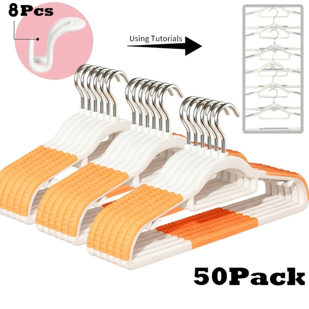 50-Piece Clothes Hanger Set with Eight Clasps, Padded Shoulder Strips and Swivel Hooks in Orange or Grey