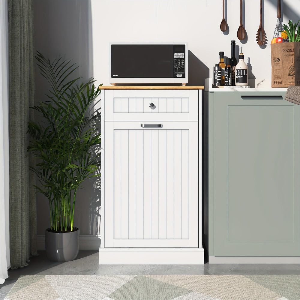 Tilt Out Trash Cabinet Freestanding Kitchen Garbage Cabinet with Cutting Board & Drawer, Wood Hideaway Recycling Station