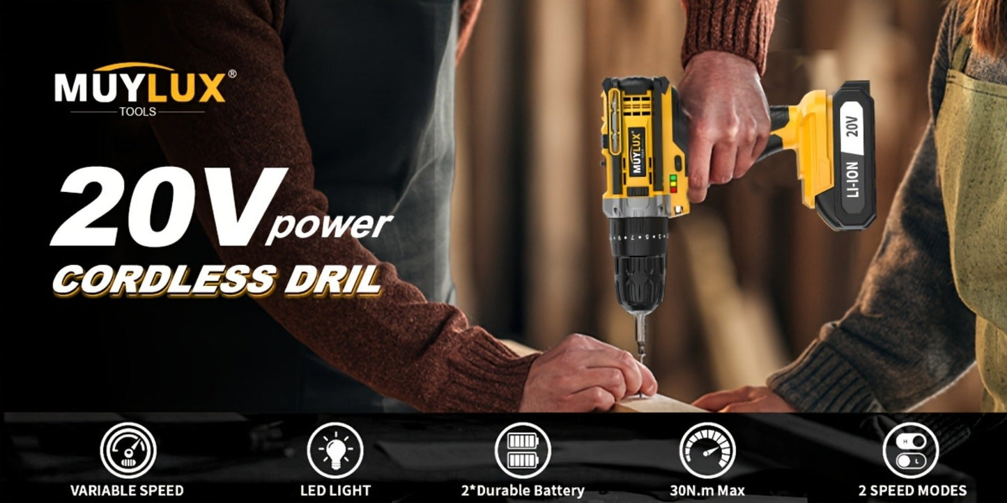 20V Cordless Drill Set Impact Power Drill 3/8 Inch Keyless Chuck 18+3 Clutch 45Nm Max Torque for Entryways, Bedrooms and Living Spaces