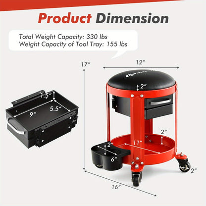 Rolling Workshop Stool with Drawers – 330 lb Mechanic Seat with 2 Storage Drawers, Cup Holders, Tool Tray