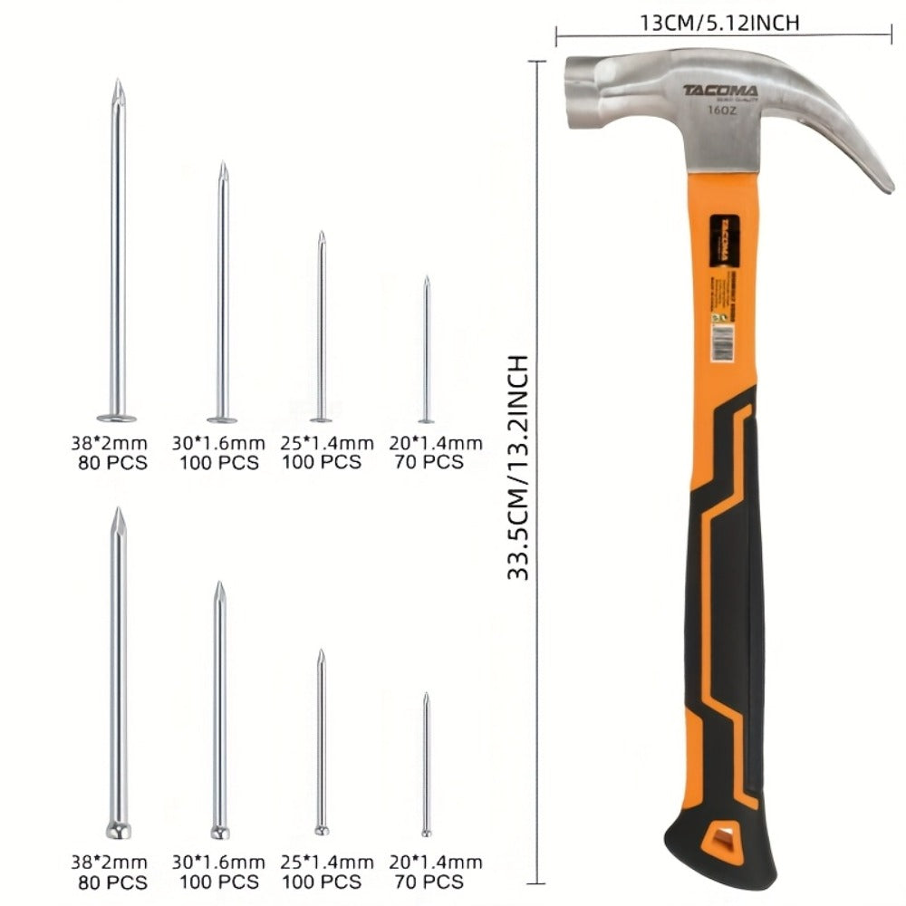 Claw Hammer & 700-Piece Nail Kit, 8oz or 16oz Forged Steel Magnetic Hammer with Galvanized Picture Hanging & Finishing Nails